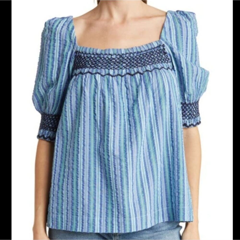 Faherty Blue Coast Presley Stripe Puff Sleeve Seersucker Top XS